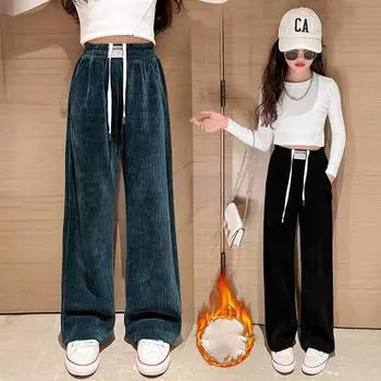 Зимние повседневные брюки из синели для девочек, свободные спортивные флисовые теплые широкие брюки с эластичной талией для детей, брюки для школьников 170 чёрный