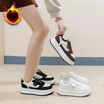 Зимние повседневные кроссовки на толстой платформе для женщин, нескользящие прогулочные туфли на шнуровке с подкладкой из искусственного меха, женские теплые кроссовки для бега и тенниса с подкладкой из флиса 35 чёрный