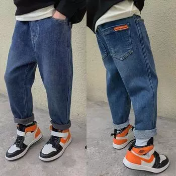 Зимние повседневные теплые джинсы для мальчиков с подкладкой 160 синий