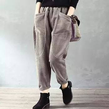 Зимние повседневные вельветовые шаровары женские модные свободные полосатые толстые спортивные брюки теплые простые элегантные брюки L чёрный