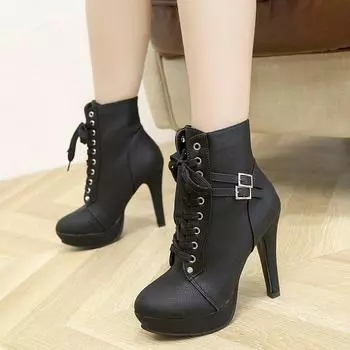 зимние прекрасные с дикими ремешками ботильоны женские ботинки ретро одинарные ботинки женская обувь 2024 4 чёрный