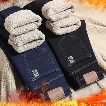 Зимние прямые брюки из овечьего флиса для мужчин, утолщенные джинсы большого размера с высокой талией, эластичная шерстяная зимняя теплая и 28 чёрный