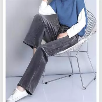 Зимние прямые брюки, новые вельветовые брюки, женские эластичные брюки с высокой талией и шнурком, корейские модные свободные спортивные штаны, однотонные, теплые, повседневные S