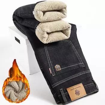 Зимние прямые джинсы из овечьего пуха, мужские утолщенные джинсы большого размера 40, с высокой талией, эластичные, с флисовой подкладкой, теплые, облегающие 28 темно-синий