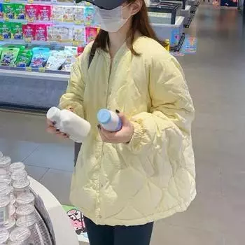 Зимние пуховые хлопковые пальто для женщин 2024 года, модные элегантные свободные женские пуховики с карманами, однобортные повседневные теплые тонкие женские верхние пальто 25384 S лавандовый