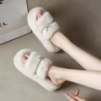 Зимние пушистые тапочки женские 2025 новые модные домашние меховые тапочки с бантом для женщин на платформе удобные пушистые домашние туфли корейские шлепанцы 35