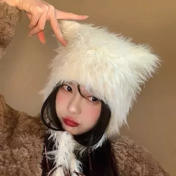 Зимние пушистые теплые защитные наушники со шнуровкой и бантом Lei Feng, детская милая игривая плюшевая шапка с ушками M (56-58cm) two straps bow бежевый