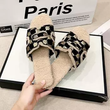 Зимние пушистые женские тапочки, новинка 2024 года, домашние домашние меховые тапочки для женщин, уютная домашняя обувь на плоской платформе, корейские шлепанцы 36 бежевый