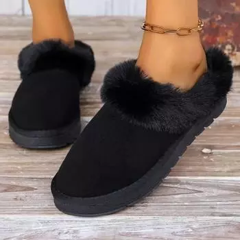 Зимние пушистые зимние ботинки женские для улицы и дома теплые нескользящие ворсистые утолщенные хлопковые туфли с одной педалью чёрный