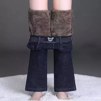 Зимние расклешенные джинсы с подкладкой из плюшевого бархата, обтягивающие повседневные теплые утолщенные женские джинсы с высокой талией, зимняя одежда, эластичные джинсы Vaqueros 4XL чёрный