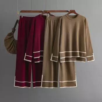 Зимние разноцветные комплекты больших размеров, свободный свитер с разрезом + однотонные широкие длинные брюки, осенняя мода, повседневные женские костюмы из 2 предметов One Size хаки