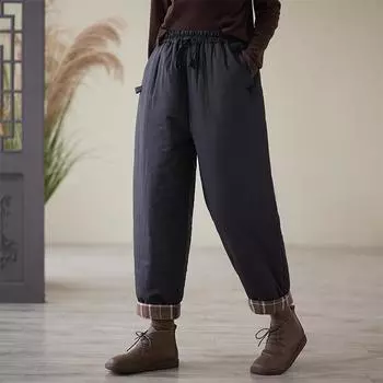 Зимние ретро-брюки-шаровары с эластичной резинкой на талии, простеганные хлопковые нити, женские фактурные брюки из синьцзянского длинноволокнистого хлопка, утолщенные хлопковые брюки, теплые брюки M хаки