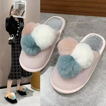 Зимние резиновые женские розовые плюшевые тапочки с круглым носком для пары, хлопковые тапочки из искусственной шерсти 36 серый