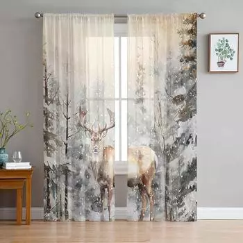Зимние Рождественские лесные Лось акварельные оконные тюлевые шторы для гостиной кухни Рождественский домашний декор прозрачные шторы из вуали 135W x 114H(cm)