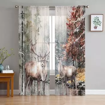 Зимние Рождественские прозрачные шторы с изображением леса и лося, рождественские украшения для дома, оконные тюлевые шторы для гостиной, спальни W135 x H114cm