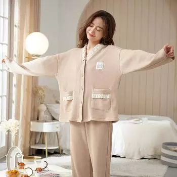 Зимние розовые пижамы для женщин с длинным рукавом на пуговицах в корейском стиле Базовая классическая осенняя милая одежда в стиле Ins Свободная повседневная шикарная домашняя одежда Тренд M