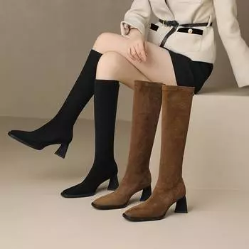 Зимние сапоги без шнуровки Krazing Pot из флока с квадратным носком на высоком толстом каблуке, женские сапоги до бедра без шнуровки 34 чёрный