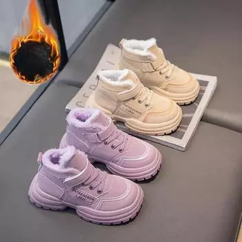 Зимние сапоги для детей 2024 года, модные плюшевые хлопковые ботинки, толстые теплые сапоги из искусственного меха для мальчиков и девочек-подростков 26 хаки