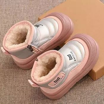 Зимние сапоги для детей из искусственной кожи, водонепроницаемые плюшевые сапоги для девочек, толстые теплые ботинки из искусственного меха и хлопка для подростков, мальчиков и девочек 23 чёрный