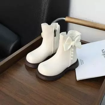 Зимние сапоги для девочек, элегантные, трендовые, детские, бежевые, хлопковые, милые, с бантом, универсальные, детские, повседневные, модные, принцесса, кожаные сапоги 26 чёрный