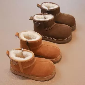 Зимние сапоги для девочек, ботильоны, зимние теплые меховые сапоги, детские уличные ботинки для мальчиков EU:27 коричневый