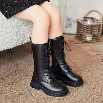 Зимние сапоги для девочек. Сапоги для верховой езды средней высоты с застежкой-молнией/шнурками. Сапоги для девочек в ковбойском стиле из кожи. Сапоги для маленьких девочек. 27 белый