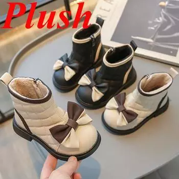 Зимние сапоги для девочек, роскошные туфли принцессы с бантом, модная хлопковая обувь, теплые сапоги с мягкой подошвой из искусственного меха 21 бежевый