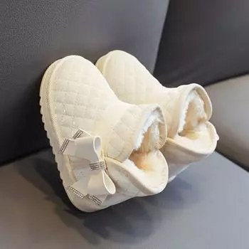 Зимние сапоги для девочек, зимняя детская хлопчатобумажная обувь, водонепроницаемые и противоскользящие короткие сапоги с кожаной поверхностью, плюшевые детские ботинки 19 бежевый