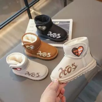 Зимние сапоги для мальчиков 2024 года, новые модные ботинки для детей и девочек из хлопка, теплые ботильоны для детей, теплая обувь с толстым плюшевым сердечком 26 бежевый