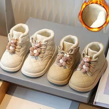 Зимние сапоги для маленьких девочек, модные, симпатичные, клетчатые, зимние сапоги для девочек, обувь из искусственного меха и хлопка, плюшевые модные сапоги 34 бежевый