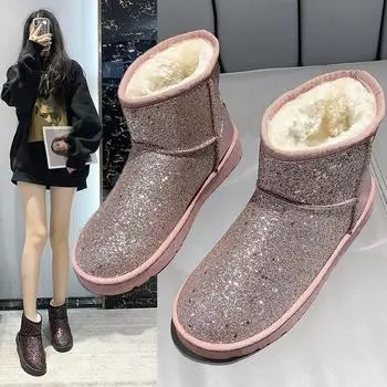 Зимние сапоги для снега, женские ботильоны с блестками, плюшевые, теплые, удобные, роскошные, дизайнерские, женские сапоги 36