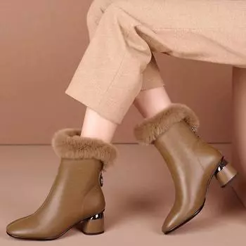 Зимние сапоги для снега, женские ботинки из овчины, толстый каблук, водонепроницаемые, нескользящие, утолщенные 34 хаки