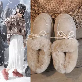 Зимние сапоги для женщин, новинка 2022 года, зимняя новая теплая меховая обувь с плюшевой меховой окантовкой, низкие хлопчатобумажные туфли для женщин 36 бежевый
