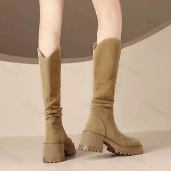 Зимние сапоги до колена для женщин, модные плиссированные длинные сапоги без застежек, женские элегантные сапоги на платформе с толстой подошвой, женские рыцарские сапоги 35