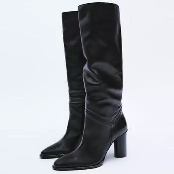 Зимние сапоги до колена в стиле вестерн, женская обувь, замшевая кожа, черные, бежевые, высокие, длинные, женские, 2025, новые тенденции, обувь 34 чёрный
