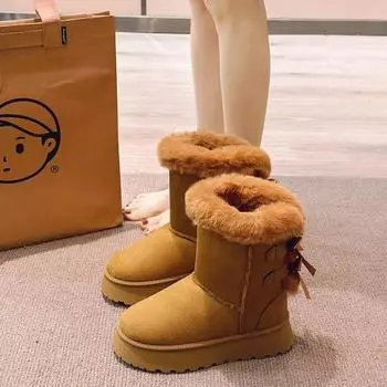 Зимние сапоги до середины голени женские плюс бархатная толстая подошва нескользящая обувь модные однотонные женские сапоги с бантом классические ретро сапоги 36 верблюд