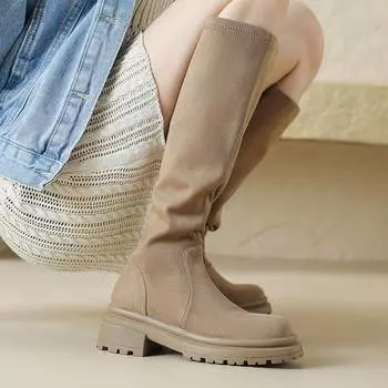 Зимние сапоги из флока Krazing с круглым носком на толстом среднем каблуке, женские высокие сапоги до бедра без шнуровки