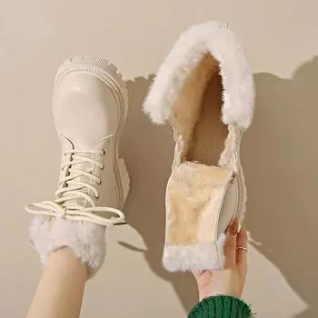 Зимние сапоги из искусственной кожи с искусственным мехом, женские зимние водонепроницаемые нескользящие плюшевые ботильоны, женские, средний каблук, теплые, мотоциклетные, Botas De Mujer 35 чёрный