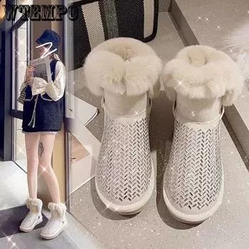 Зимние сапоги из натурального кроличьего волоса со стразами, женские зимние короткие нескользящие ботинки на меху большого размера, утепленная плюшевая теплая хлопковая обувь 35 бежевый