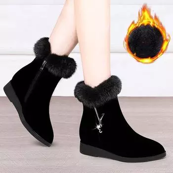 Зимние сапоги из натуральной кроличьей шерсти, женские зимние утепленные хлопковые сапоги, бархатная обувь на плоской подошве, теплая хлопковая обувь для мам, большой размер 38 чёрный