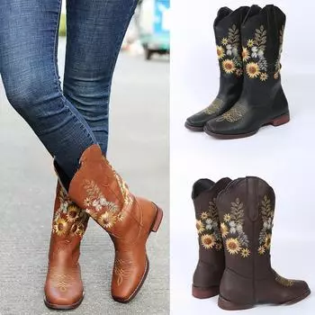 Зимние сапоги Juti 2021 года в европейском и американском стиле на плоской подошве с вышитым рисунком подсолнуха, большой размер 40 тёмно-рыжий