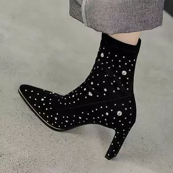 Зимние сапоги Krazing Pot из флока на высоком каблуке с кристаллами и кристаллами, размер 42, уличная одежда, эластичные ботильоны 34 чёрный