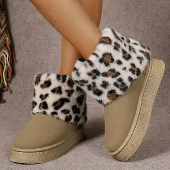Зимние сапоги Lucyever из искусственного меха с леопардовым принтом, женские зимние плюшевые ботильоны с толстой подошвой, женская нескользящая зимняя обувь на платформе 42 36