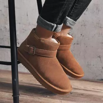 Зимние сапоги, мужские меховые зимние хлопковые туфли, утепленные теплые туфли, кожаные короткие сапоги 36 чёрный