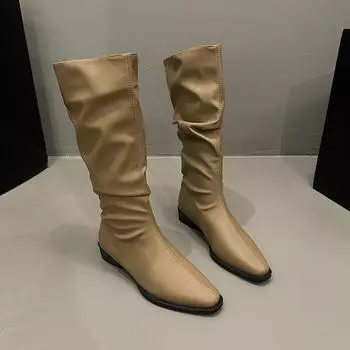 Зимние сапоги на квадратном каблуке до колена, современные, модные, на низком каблуке, женские туфли из искусственной кожи, зауженные, с острым носком, Botas Mujer 35