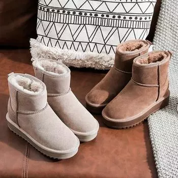 Зимние сапоги на толстой подошве для женщин, осенние и зимние нескользящие короткие хлопковые сапоги большого размера, утепленная плюшевая теплая хлопковая обувь 35 хаки