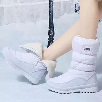 Зимние сапоги на толстой подошве. Хлопковые сапоги с боковой молнией. Теплая женская обувь. 36 белый