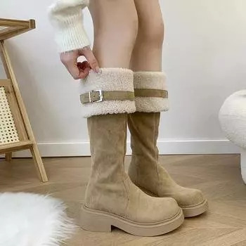 Зимние сапоги на толстой подошве, женские модные сапоги выше колена из искусственного меха, новые зимние теплые меховые сапоги, повседневная хлопковая обувь с пряжкой на ремне 35