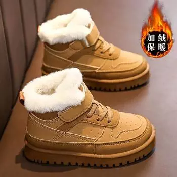 Зимние сапоги осенне-зимние новые детские утолщенные морозостойкие теплые короткие сапоги для детей среднего и старшего возраста бархатные большие хлопковые туфли 28 верблюд
