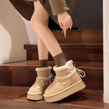 Зимние сапоги с французским жемчугом женские зимние новые ретро модные темпераментные повседневные ботинки с интегрированным мехом теплые хлопковые сапоги прилив 35 хаки
